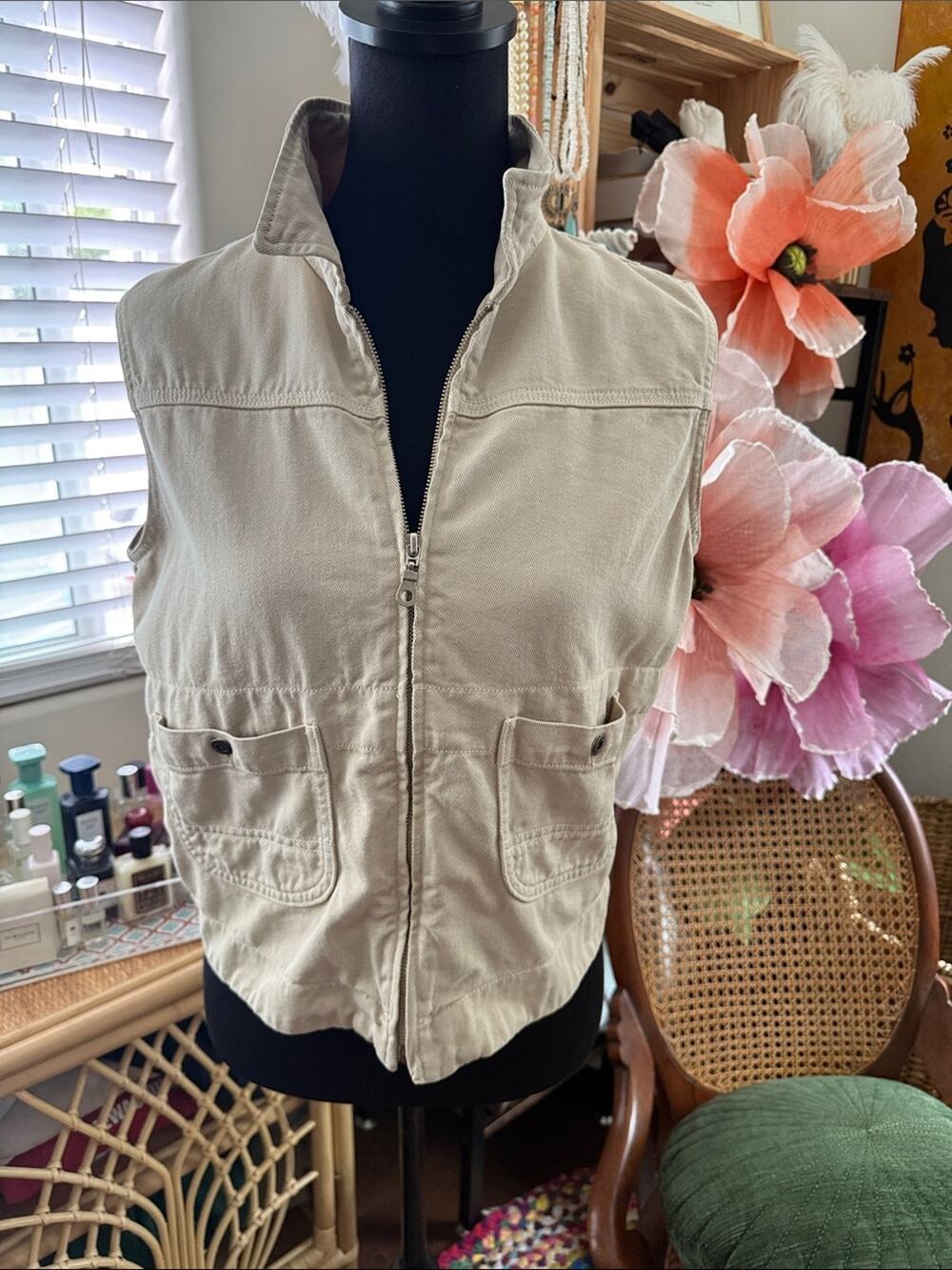 Vintage 90s/Y2K AG Agolde Tan Zip Sleeveless Safari Preppy Denim Utility Vest